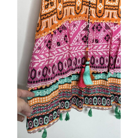 Hemant & Nandita 100% silk tiered Tassel multi pattern dress size Small - Picture 4 of 9